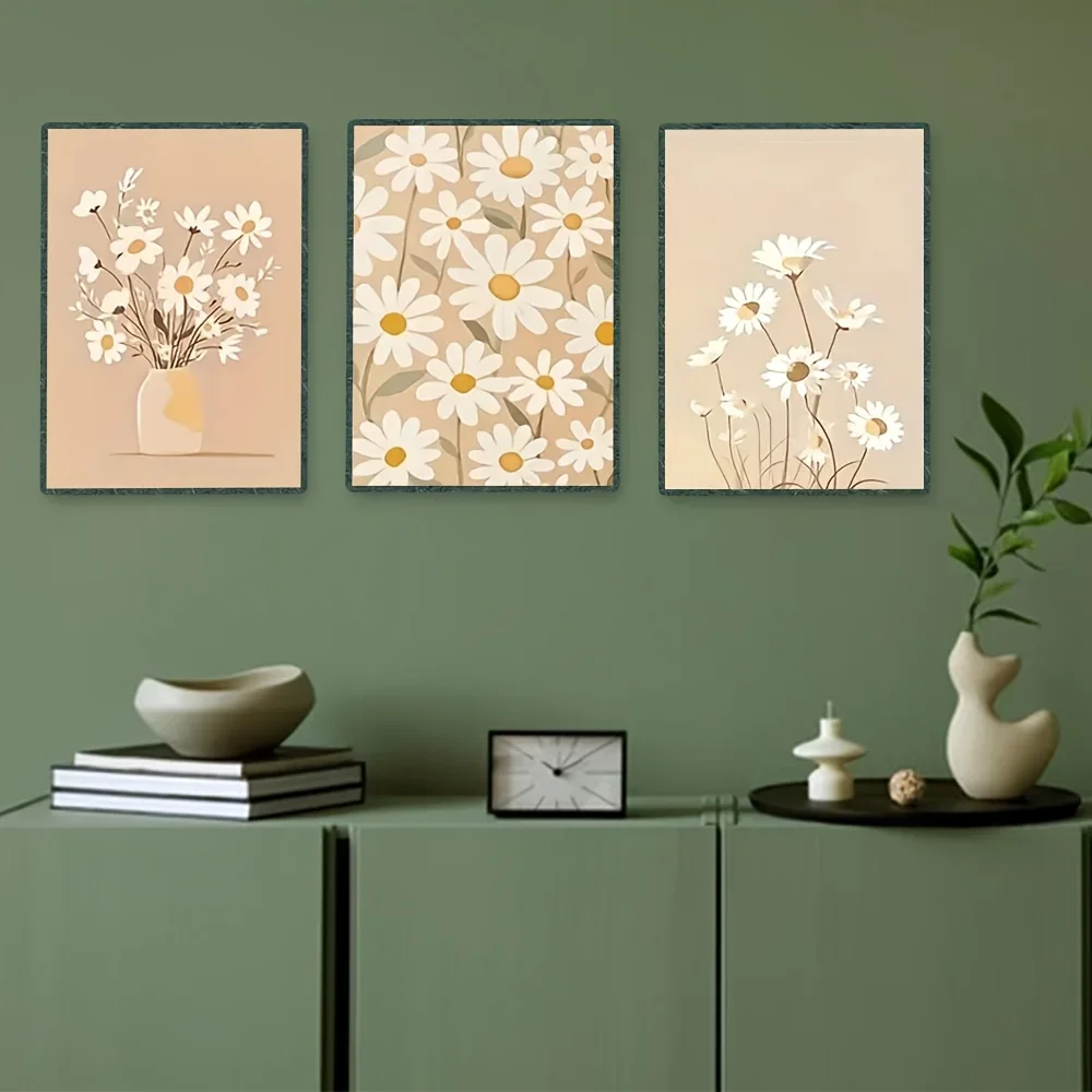 2D Flat, 3pcs 2D Flat Daisy Flower Wall Art Prints - Minimalist Botanical Daisies in Vase, Neutral Beafe Wildflower Blossoms