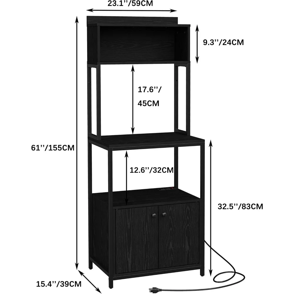 5-Tier Kitchen Bakers Rack with Power Outlet, Microwave Stand with Storage, Black