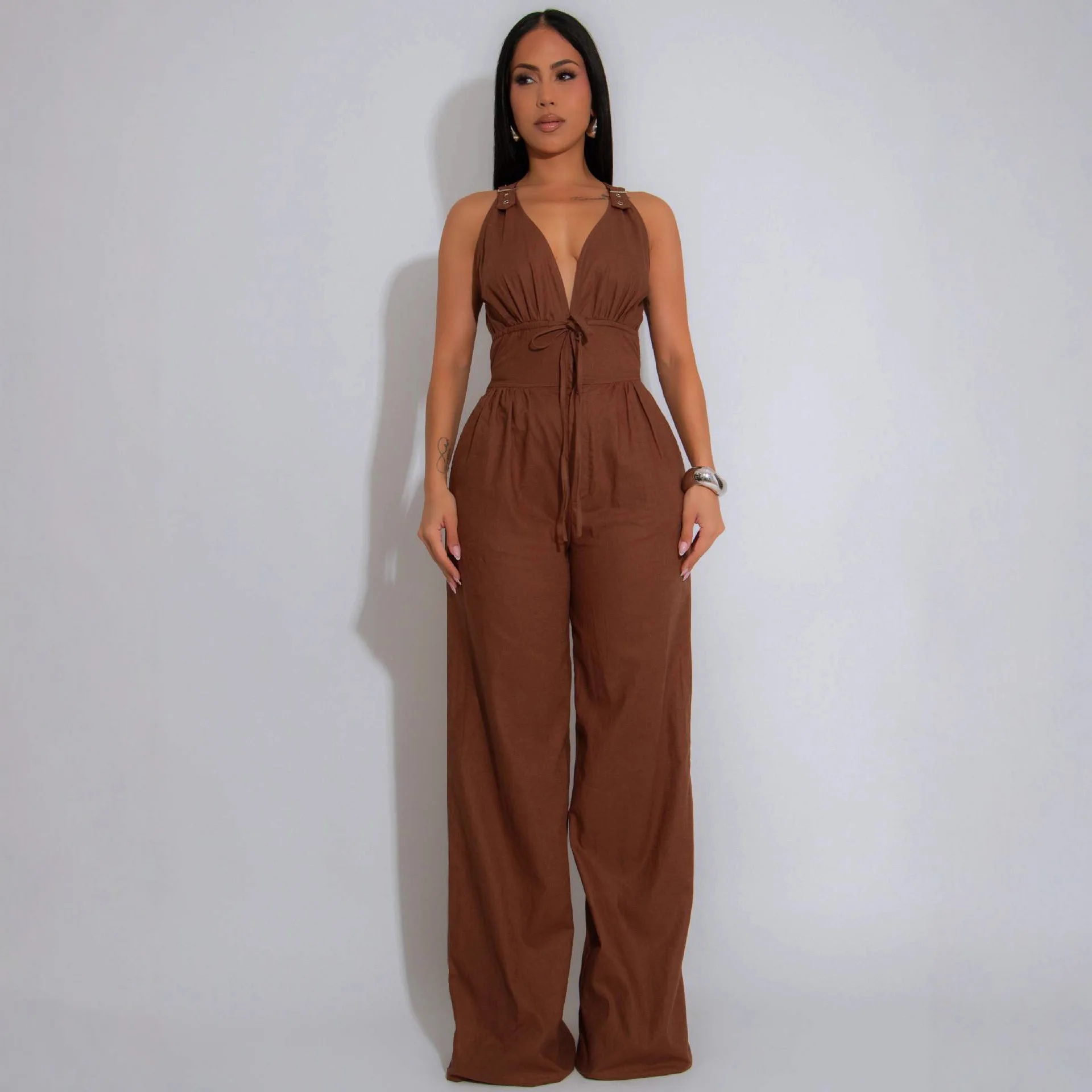 

Office Lady Sleeveless Jumpsuit Fashion Deep V-Neck Spaghetti Strap Straight Jumpsuit Summer Elegant Commuting Party Jumpsuit