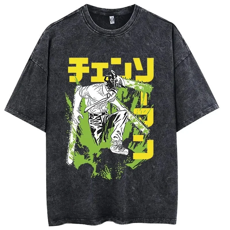 

Футболка Chainsaw Man Denji из винтажного выстиранного хлопка, унисекс, летняя, оверсайз, уличная одежда, в стиле дэт-метал, аниме, повседневные топы, коллекция 2026