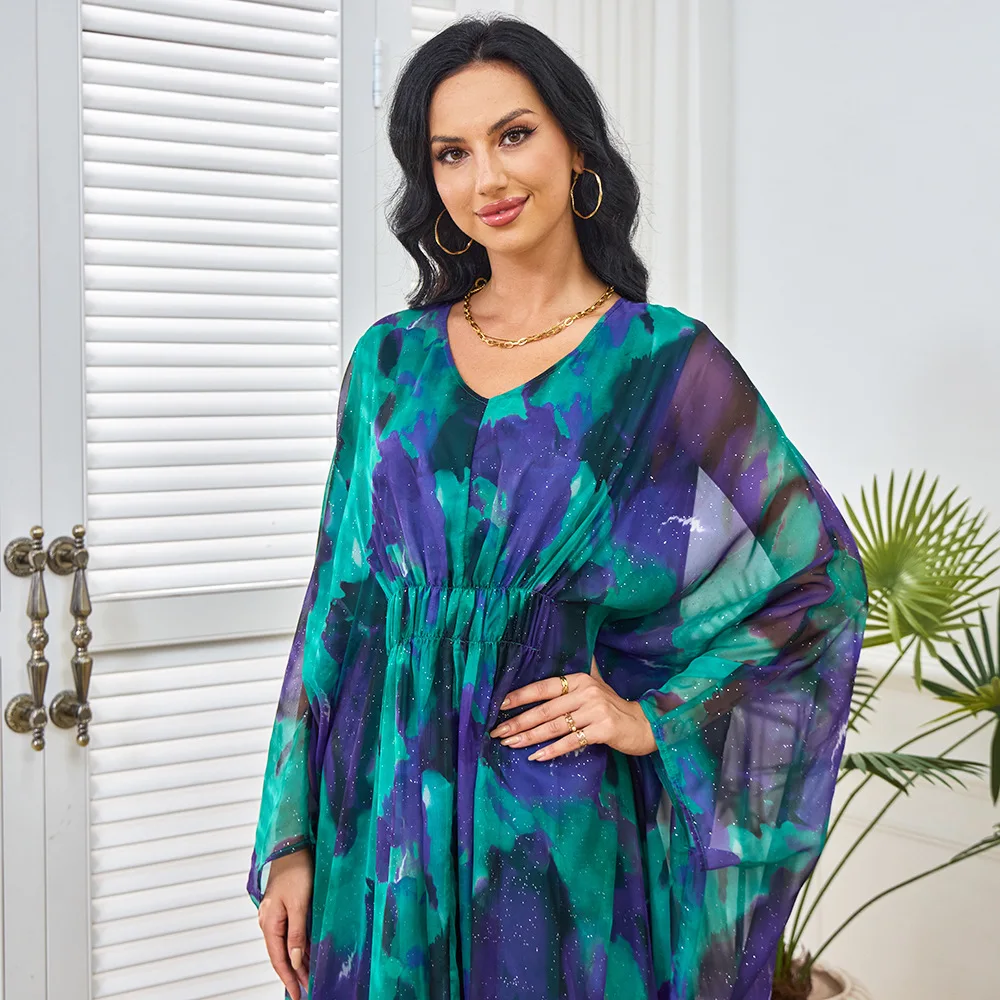 Muçulmano plus size brilhante vestido de noite para mulheres impresso casual robe dubai bat manga formal banquete kaftan cintura alta vestido de escritório