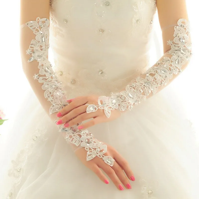 Guantes De Novia ยาวโอเปร่ายาวถุงมืองานแต่งงานสำหรับเจ้าสาว Fingerless คริสตัล Ivory ถุงมือลูกไม้เจ้าสาวอุปกรณ์จัดงานแต่งงาน209