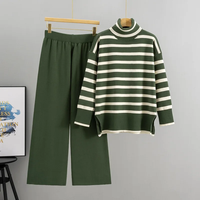 Greenora Women Turtleneck Stripe Knit Sweater Casual Fashion Suit Fall Winter Loose Wide Leg Pants Two Piece Set Casual Wear Cle