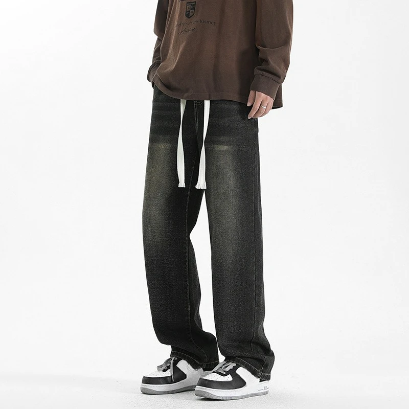 

Американский стиль 2025, новая мода, мужские потертые повседневные модные свободные широкие брюки, прямые джинсовые брюки на шнурке, мужские джинсовые брюки