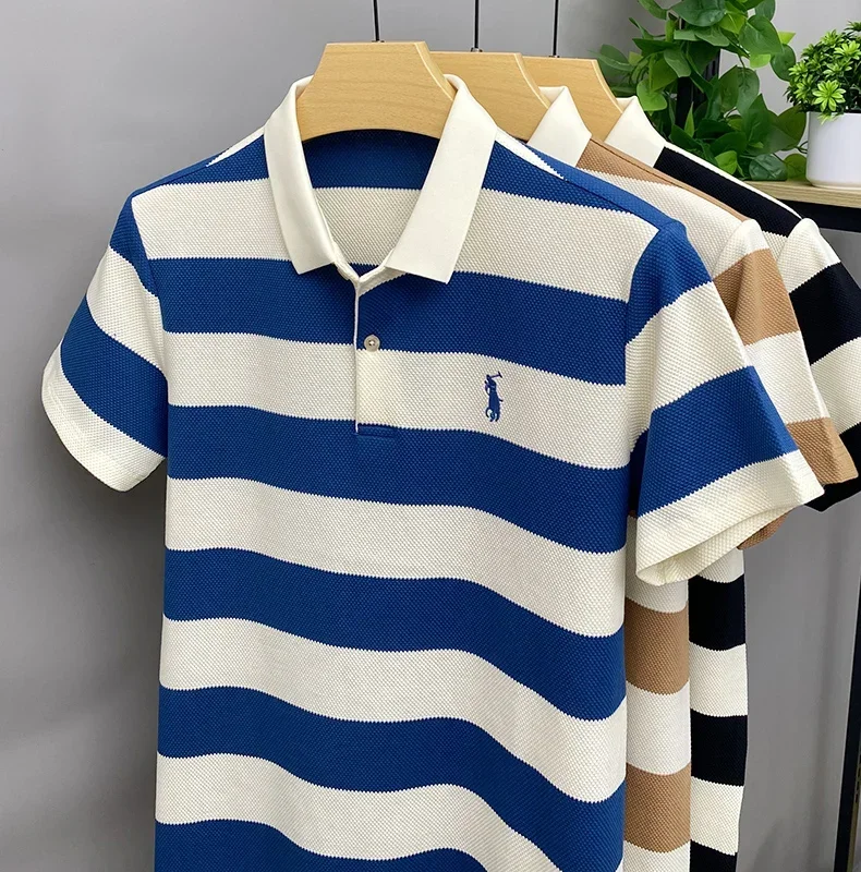 2024 New Summer High Quality Lapel POLO Shirt Short Sleeve Men\'s Breathable Fashion Striped Embroidered Business Casual Top