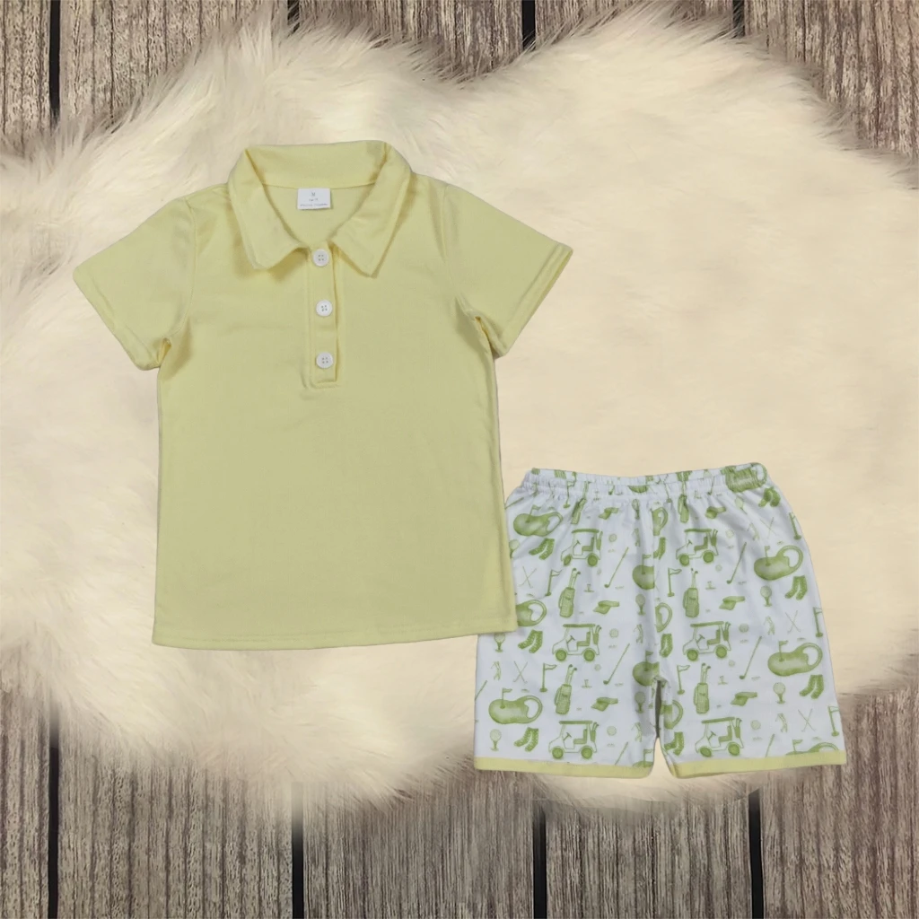 

Wholesale Summer Set Toddler Baby Boy Clothing Outfit Children Infant Short Sleeves Yellow Cotton Buttons T-shirt Shirt Shorts