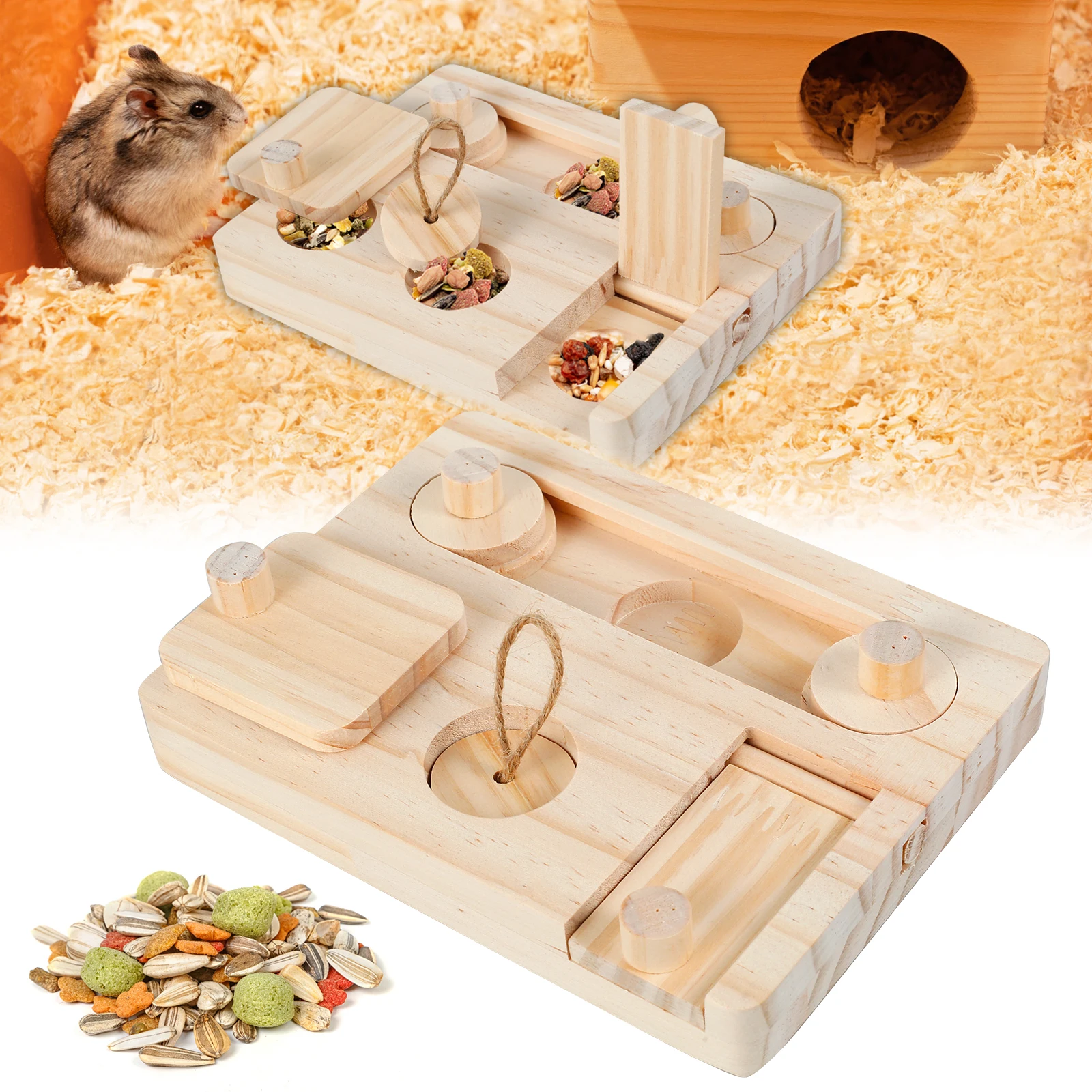 Wooden Small Pet Foraging Toy 6 In 1 Interactive Puzzle Treat Dispenser Chew Feeding Toys for Hamsters Guinea Pigs Rabbits