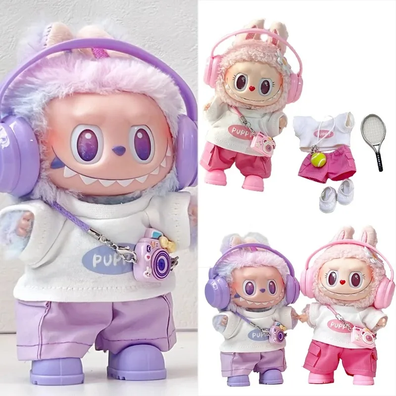 Sports Tennis Ball Badminton Clothes For Labubu Doll Colorful Cargo Pants Puppy T- Shirt Outift Clothing Shoes Set Accessories