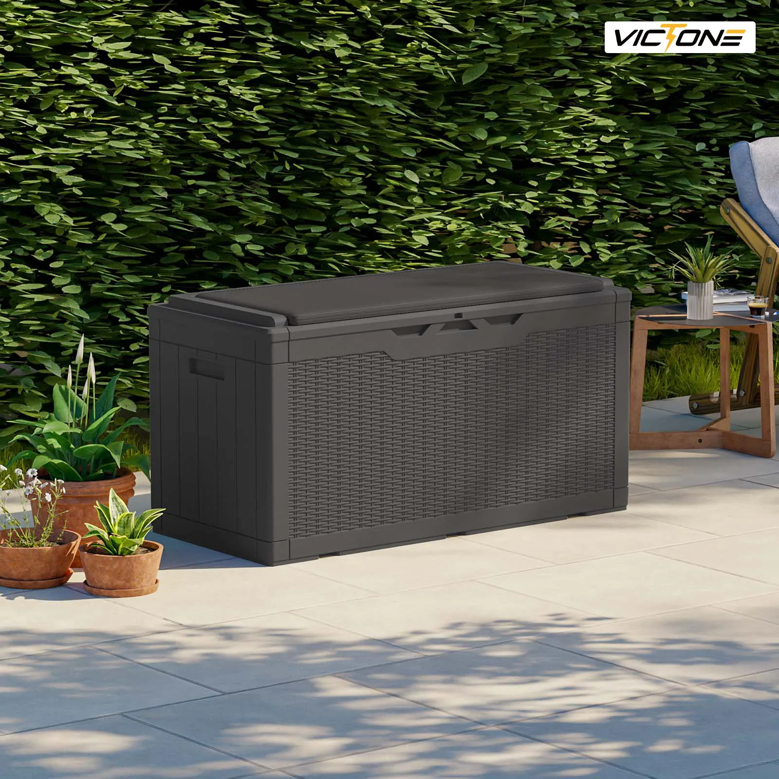 

Victone 100 Gallon Resin Deck Box with cushion, Large Outdoor Waterproof Storage Box with Padlock for Patio Furniture, Black