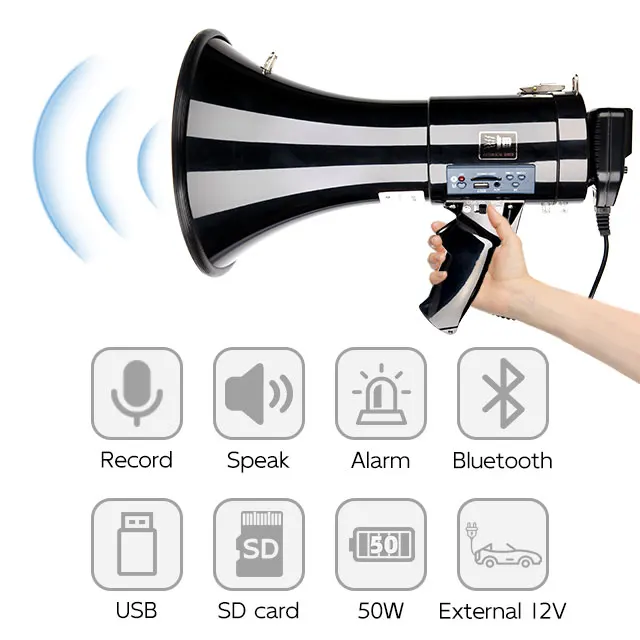 Megafono 50W Megaphones Lithium Battery Rechargeable Plastic Portable Bluetooth Horn Wireless Loudspeaker Megaphone