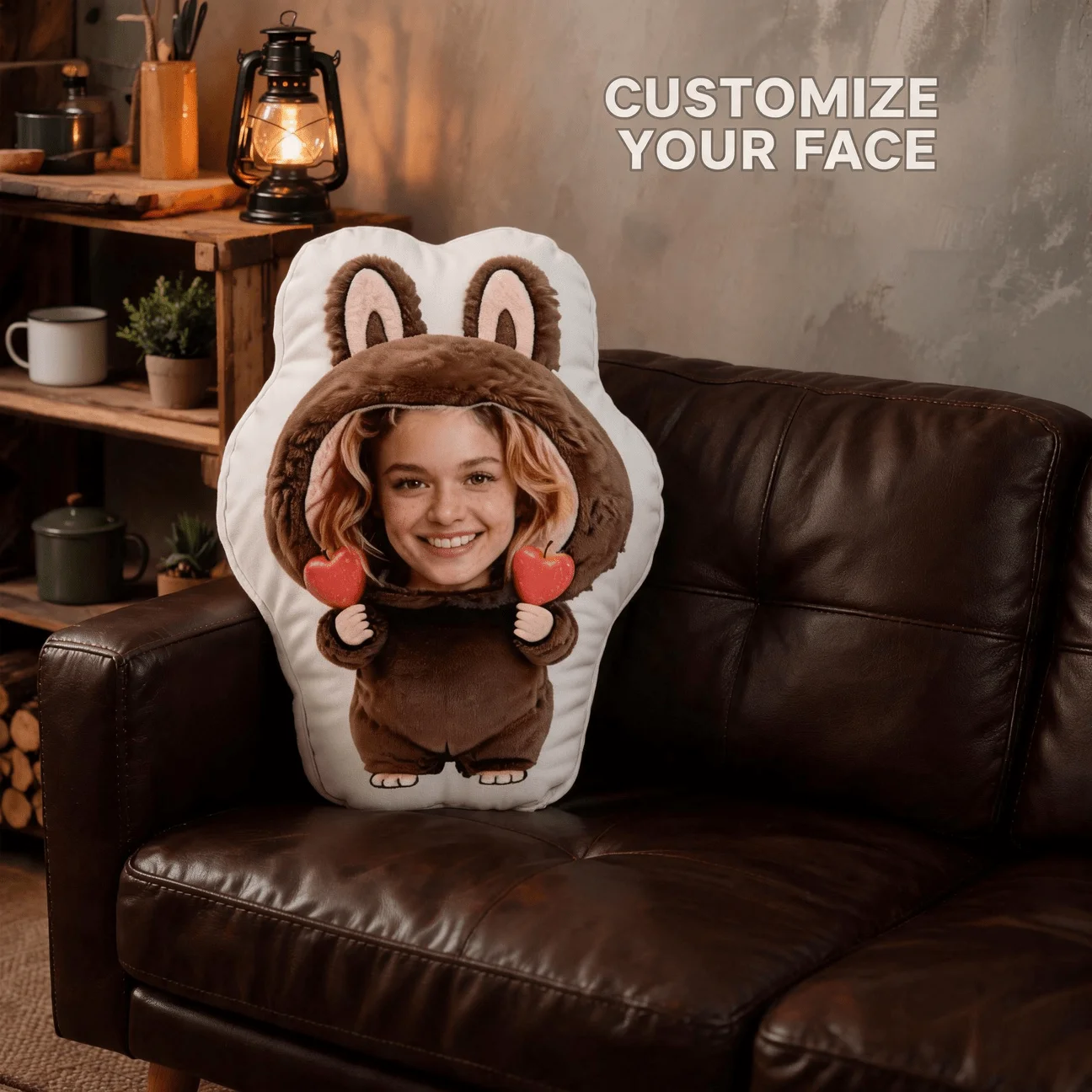 Custom Photo Shaped Pillow, Personalized Face in Brown Bunny Costume Holding Apple, Decorative Cushion for Sofa & Bedroom, Uniqu