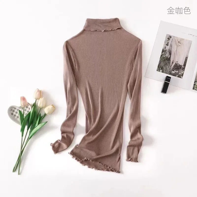 Mulberry Silk Cotton Base Sweater High Elastic Slim Threaded Seamless Long-sleeved Knit Top Turtleneck 70% Silk 30% Cotton