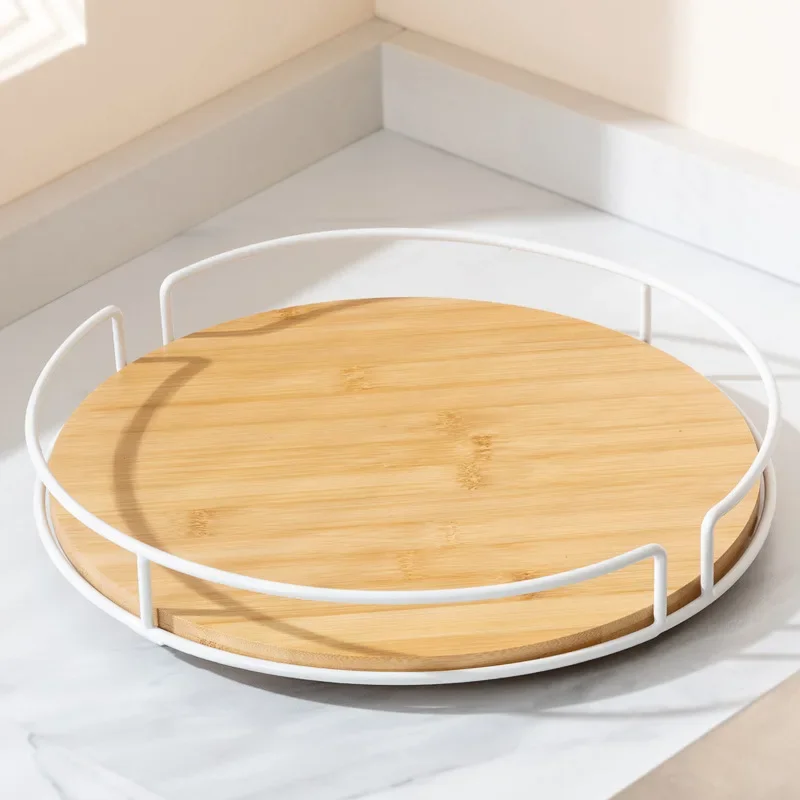 Wooden Rotating Storage Holder Tray Plate Racks for Kitchen with Iron Solid Wood Turntable Round Spice Rack