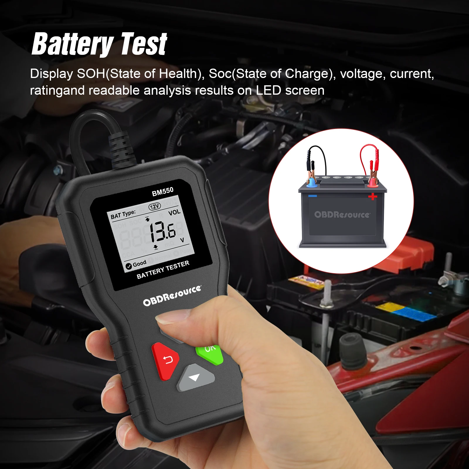 OBDMonster-Analizador de batería automático BM550, herramientas de detección de sistema de batería de coche, 6V, 12V, 24V, 100-2000 CCA