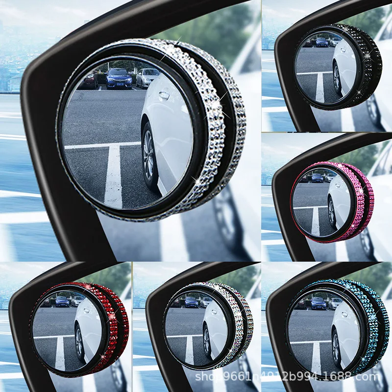 Car Diamond Rear View Round Mirror Car Modification Large Field Of Vision Reversing Auxiliary Blind Mirror 360° Rotating Angular