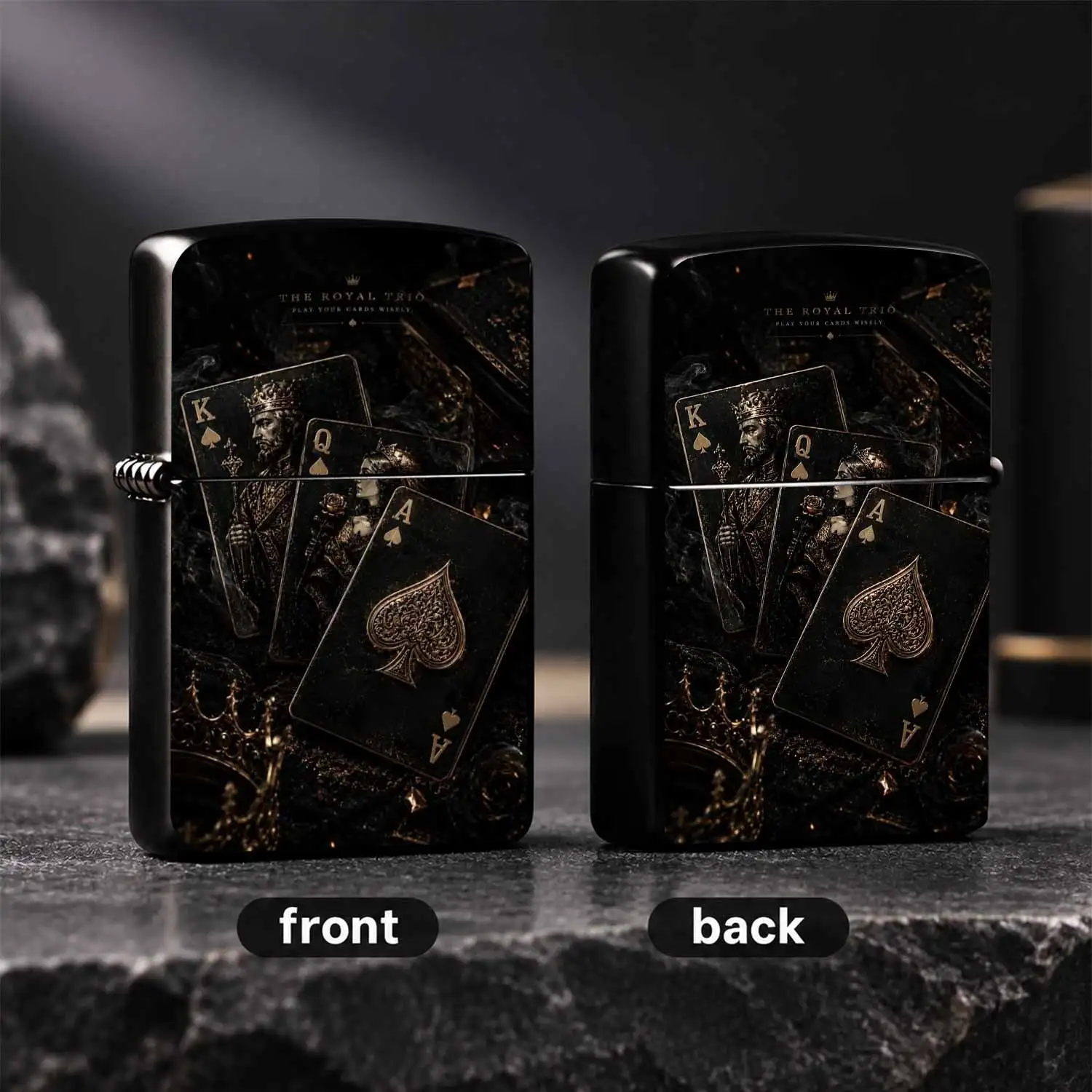 Retro Luxury Black Gold Printing Royal Trio Spades King Ace Playing Card Pattern High Grade Texture Portable Ignition Device Exquisite Festive Gift For Men Smokeless Windproof Cool Personalized Accessories For Daily Use A Fun And Humorous L