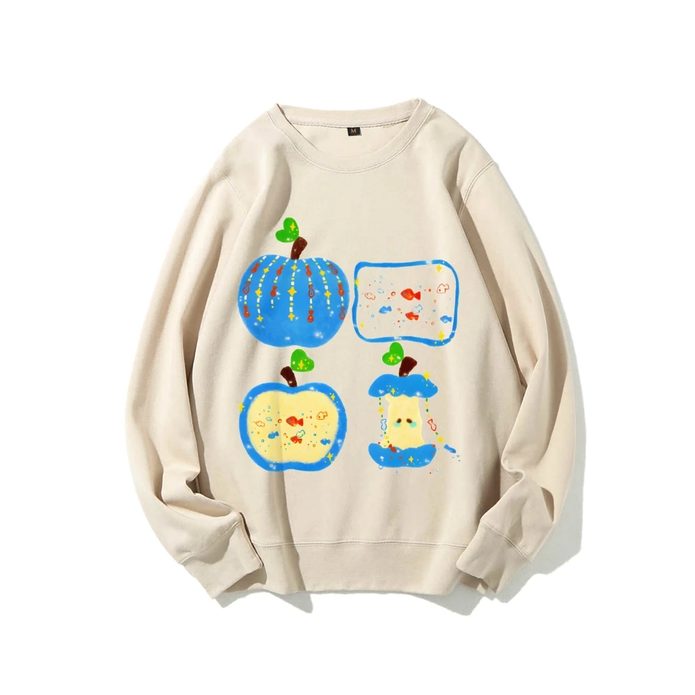 เสื้อกันหนาว Y2K กราฟิก Hoodie Blue Apples Premium Cotton คุณภาพสูง Oversize สีสัน Hoodie ผลไม้ Slice พิมพ์ Artsy Y2K สไตล์