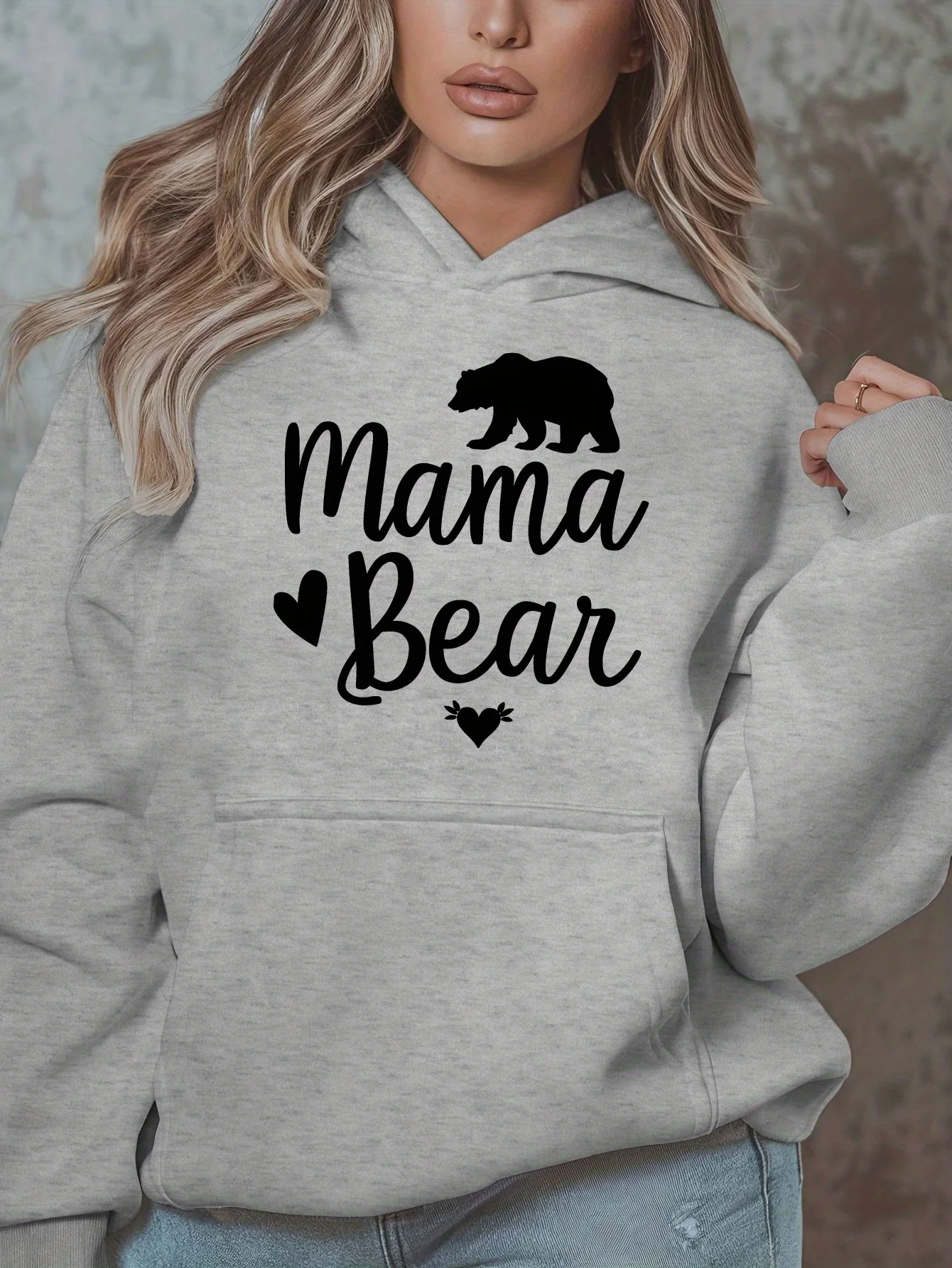 Plus Size - Mama Bear Oversized Casual Hoodie, Women's Autumn and Winter Long-Sleeve Sweatshirt, Plus Size Women's Tops