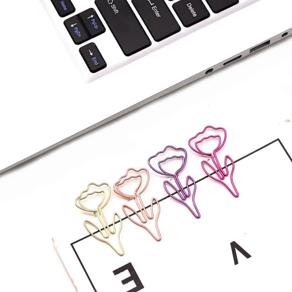 10PCS/Set Flower Shaped Flower Paper Clip Metal Colored Mini Paper Clip Pattern Office Stationery Flower Bookmark