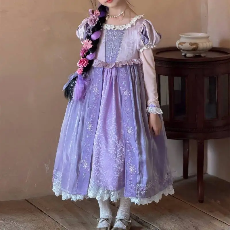 Little Girls Rapunzel Cosplay Dress Purple Floral Embroidery Long Tulle Dress Lace Ruffle Hem Kids Tea Party Birthday Outfit