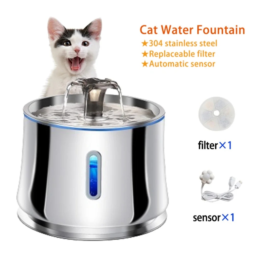 Cat Fountain Stainless Steel 2.5L Fully Automatic Cat Water Dispenser with Ultra Silent Pump and Automatic Water Level Sensing