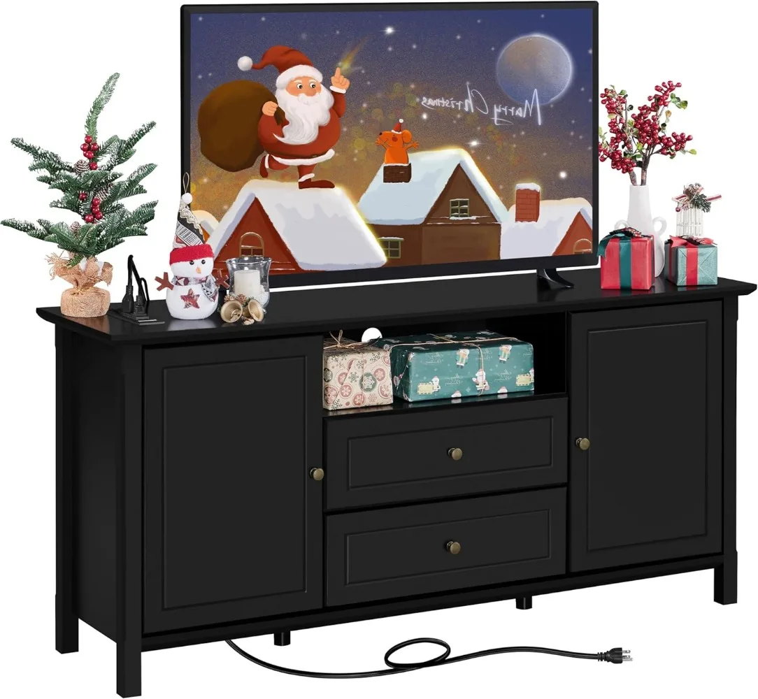 Black TV Stand with Drawers for TVs up to 65 Inch, Media Entertainment Center with Power Outlet & Storage Space