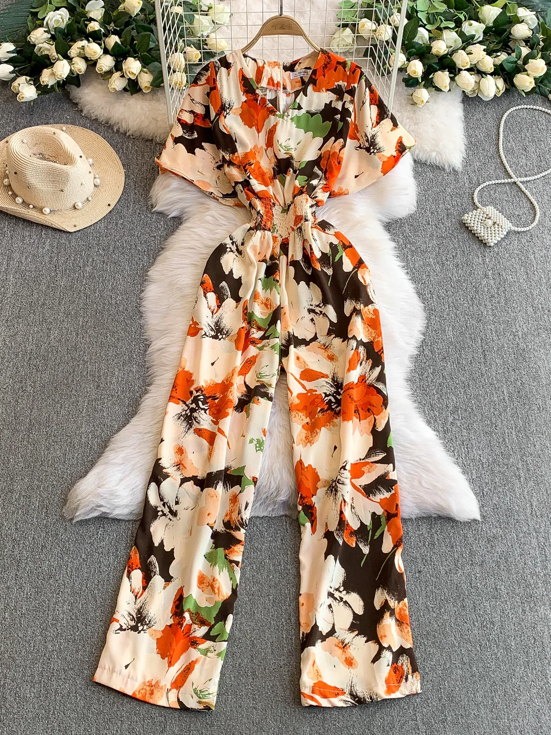 

Ele Floral Print V-Ne ort Sve Женские брюки Rer с высокой талией, прямые широкие брюки, утягивающий дизайн с эластичной резинкой на талии