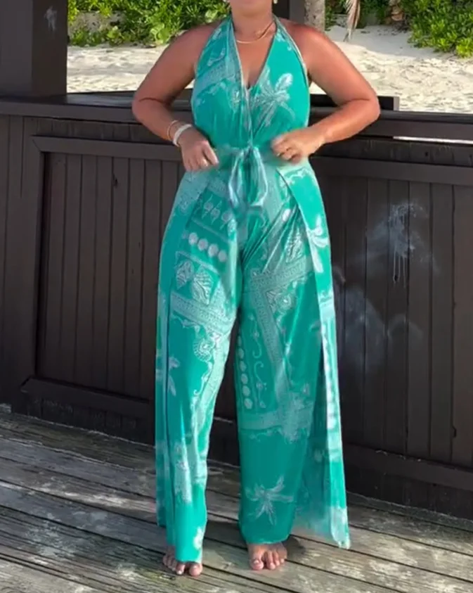 

Elegant 2-Piece Sets for Women 2 Piece Tropical Bandeau Sleeveless Pants Sexy Coat Pants Set