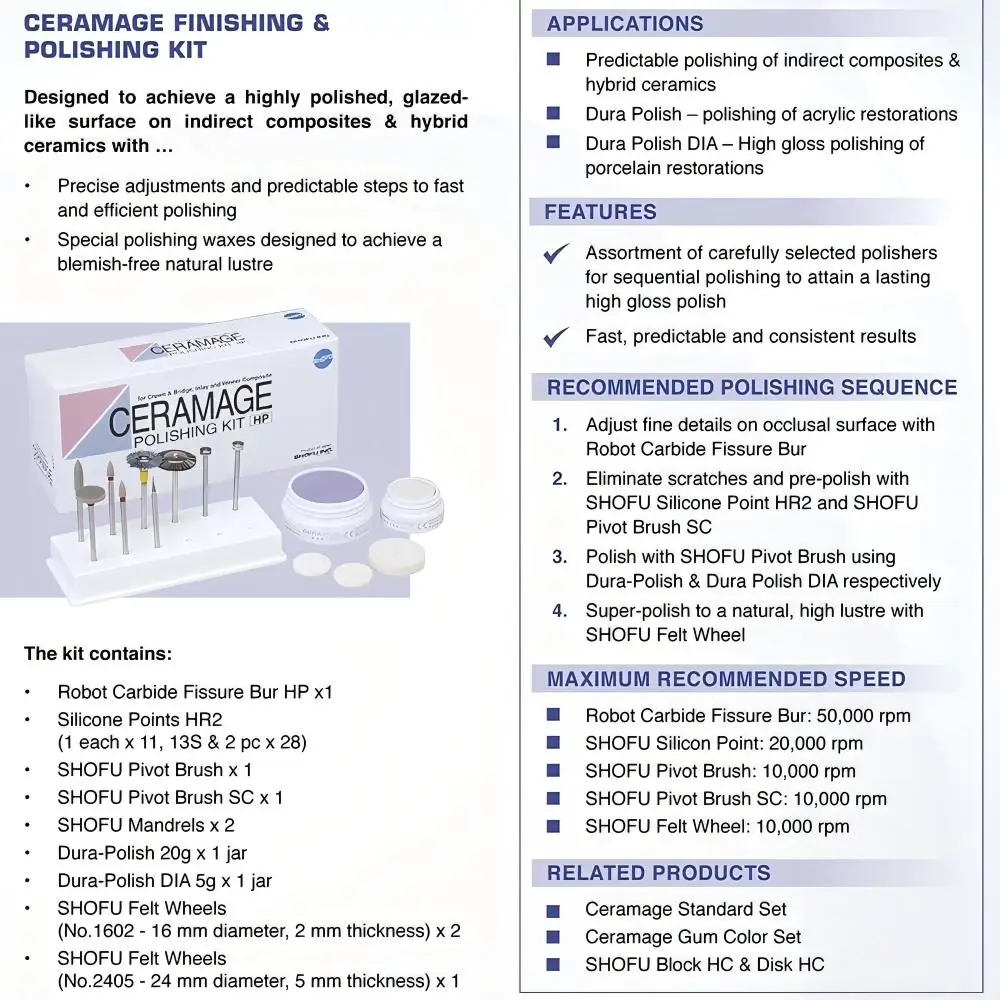 SHOFU Diamond Polishing Paste DIA Ceramage Polishing Kit  Polishing Set for Indirect Composites&Hybrid Ceramics Dental Lab Kit