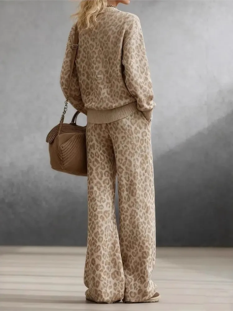 2026 Autumn Winter Fashionable Light Brown Leopard Print Suit Long-sleeved Sweatshirt With Trousers Casual Commuting Women's Set