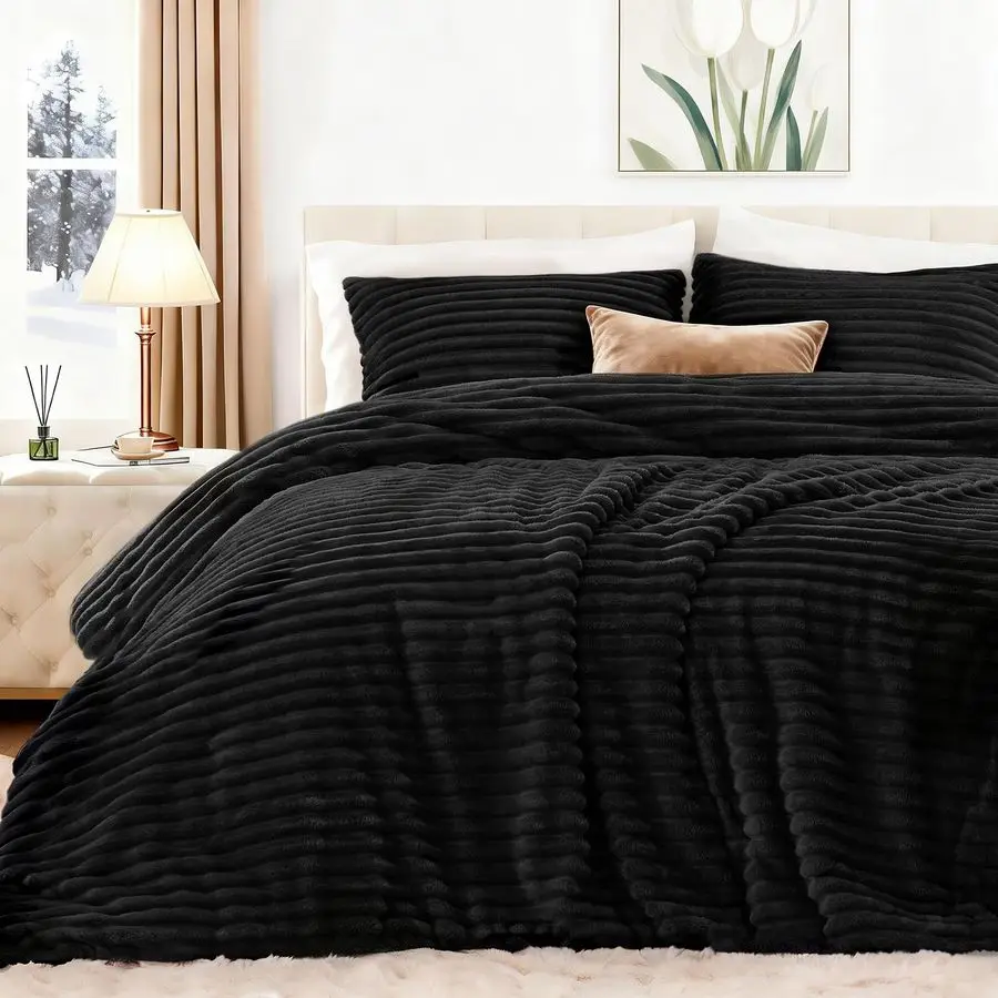 

Fluffy Comforter Set Queen Size Super Soft Faux Fur Stripe Jacquard Comforter 3 Pieces, Black Fleece Bedding Set,Winter Warm Bed