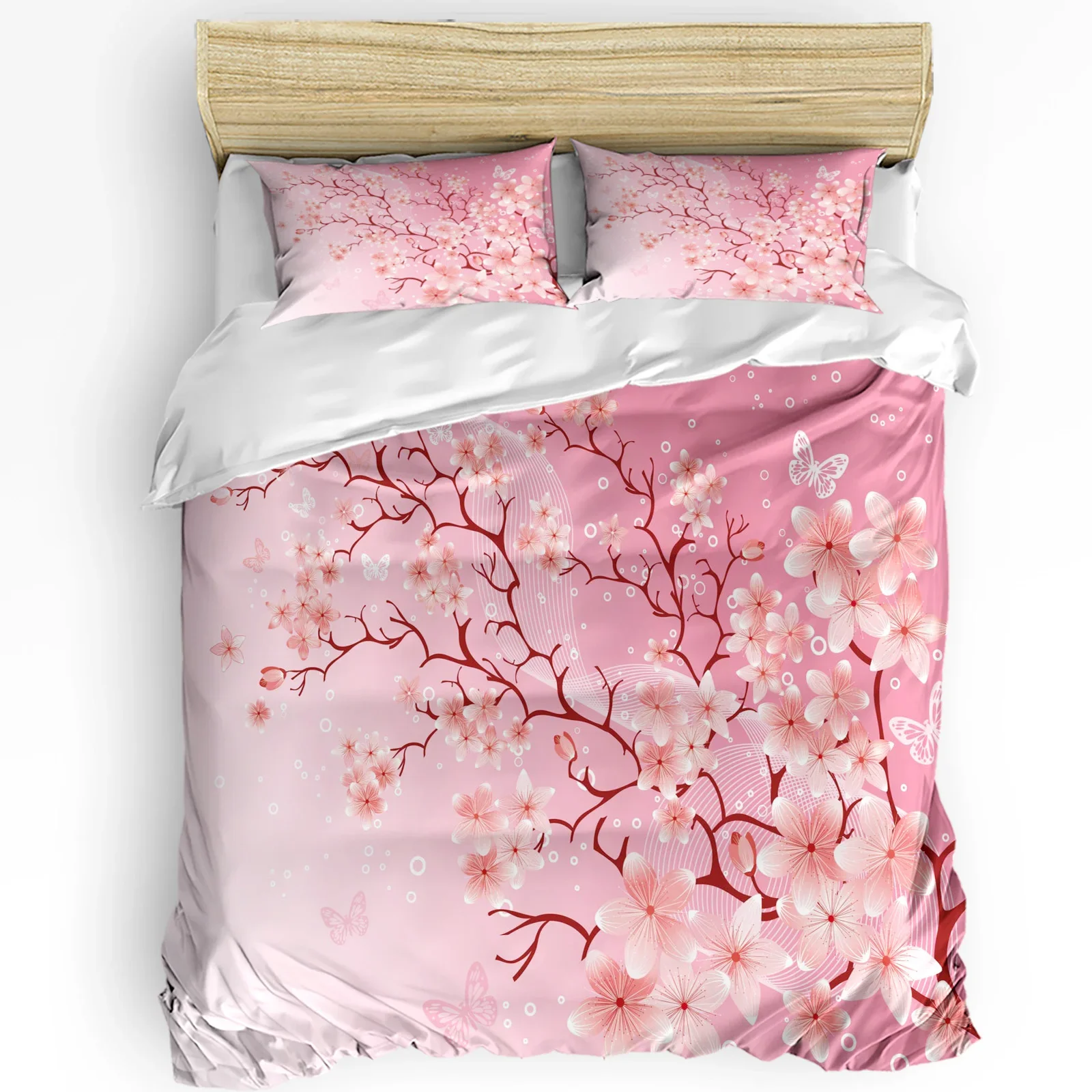 Pink Cherry Blossom Flowers Butterfly Bedding Set 3pcs Duvet Cover Pillowcase Kids Adult Quilt Cover Double Bed Set Home Textile