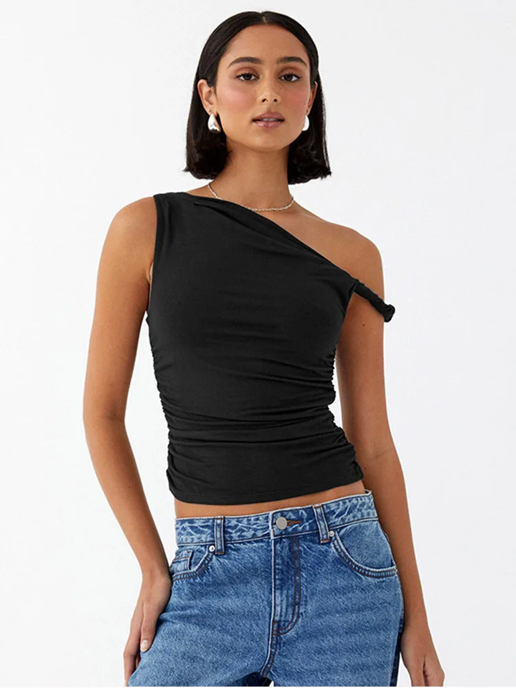 2025 Spring/Summer New Off-Shoulder Asymmetric Tailored Short Vest, Solid Color Shoulder-Baring Slim Fit Sleeveless Women's Top