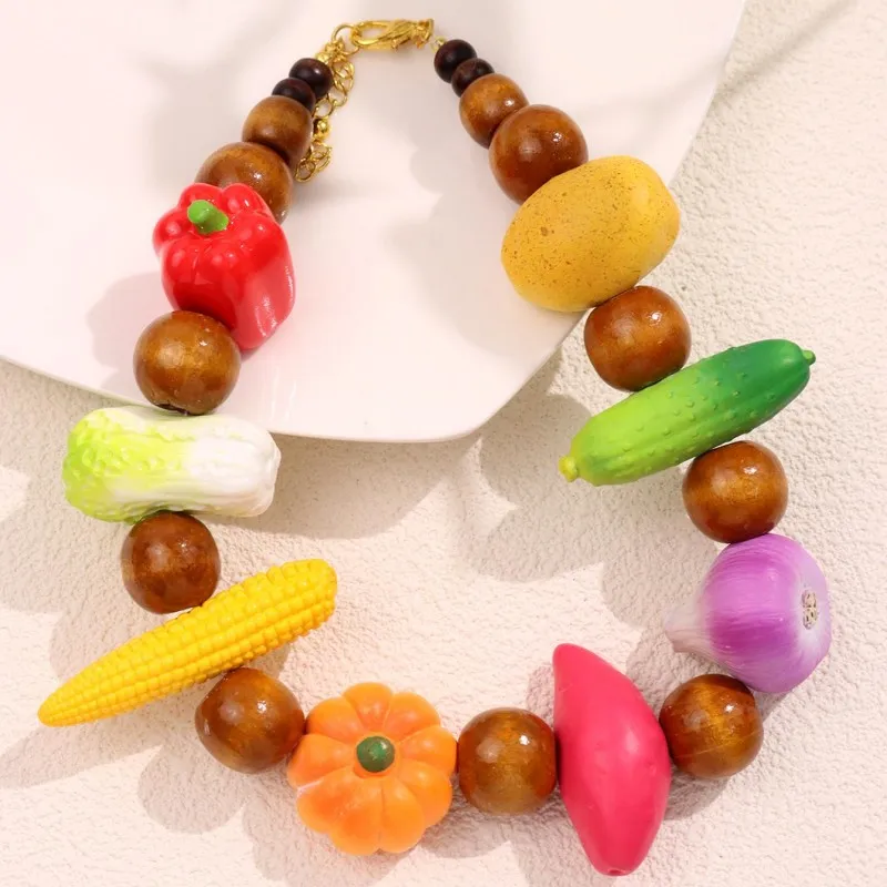 Colorful Beaded Necklace 3D Fruit Vegetable Designs, Corn, Cucumber, Onion, Bell Pepper, Y2K Jewelry For Women, Summer Vacation - view 5