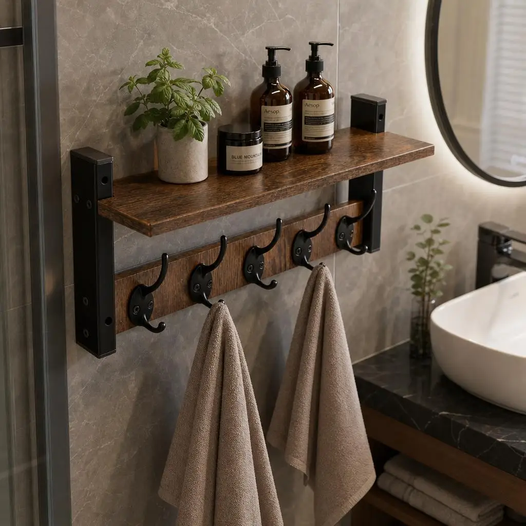 Double-layer Storage Shelf With Hooks Multifunctional Storage Organizer For Entryway Bathroom Study Rustic Wall Hanging Storage Shelf Multifunctional