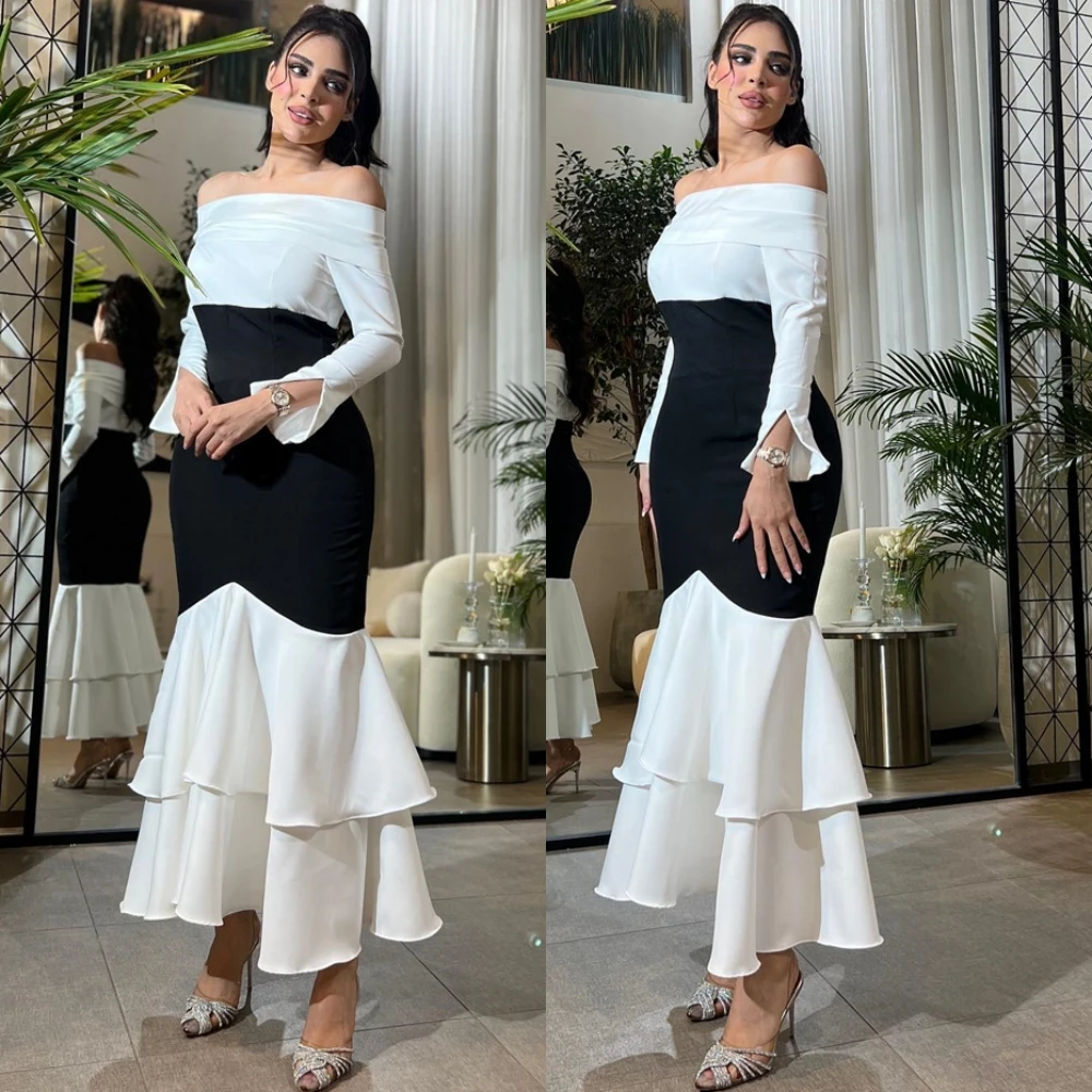 

Customized Elegant Jersey Mermaid Evening Dress Simple Boat Neck Prom Dresses Luxury Long Sleeves Special Occasion Gowns