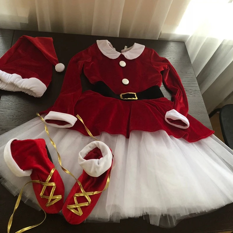 Women Christmas Santa Claus Costumes 3Pcs Velvet Long Sleeve Mesh Hem Dress Hat Belt Cosplay Sets