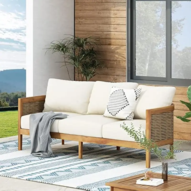 Three-seat outdoor sofa with acacia frame, round polyethylene wicker accents, open-slat backrest, water-resistant beige-brown-te