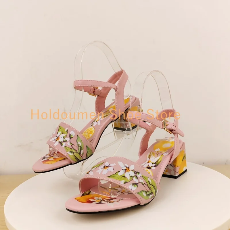 

Floral Lemon Print Pink Leather Women's Summer Sandals Peep Toe Chunky Heel Ankle Strap Buckle Resort Style High Heel Sandals