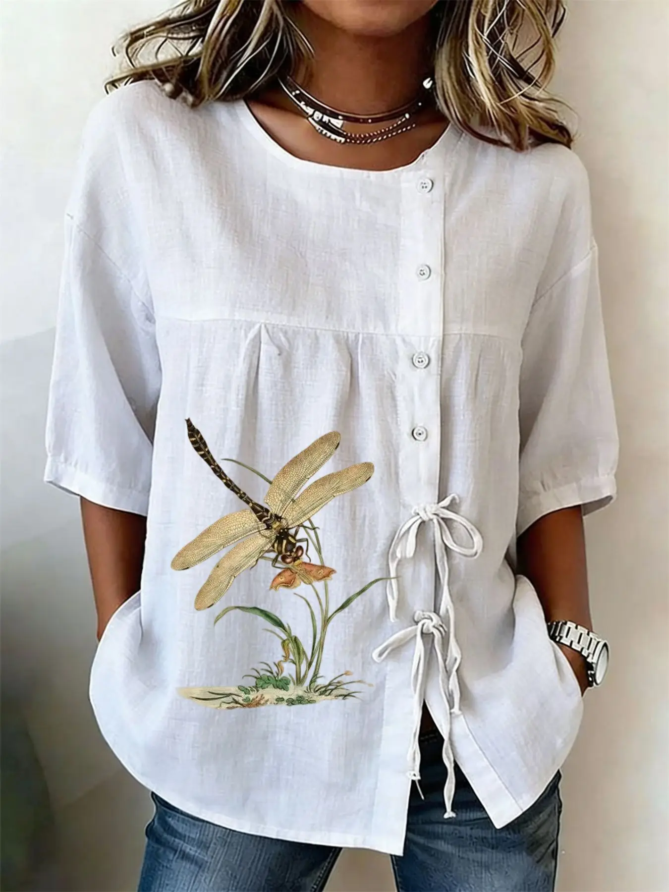 Women's Vintage Dragonfly Print Casual Blouse, Button Tie Front Loose Top with Pockets for Spring Summer Daily Wear