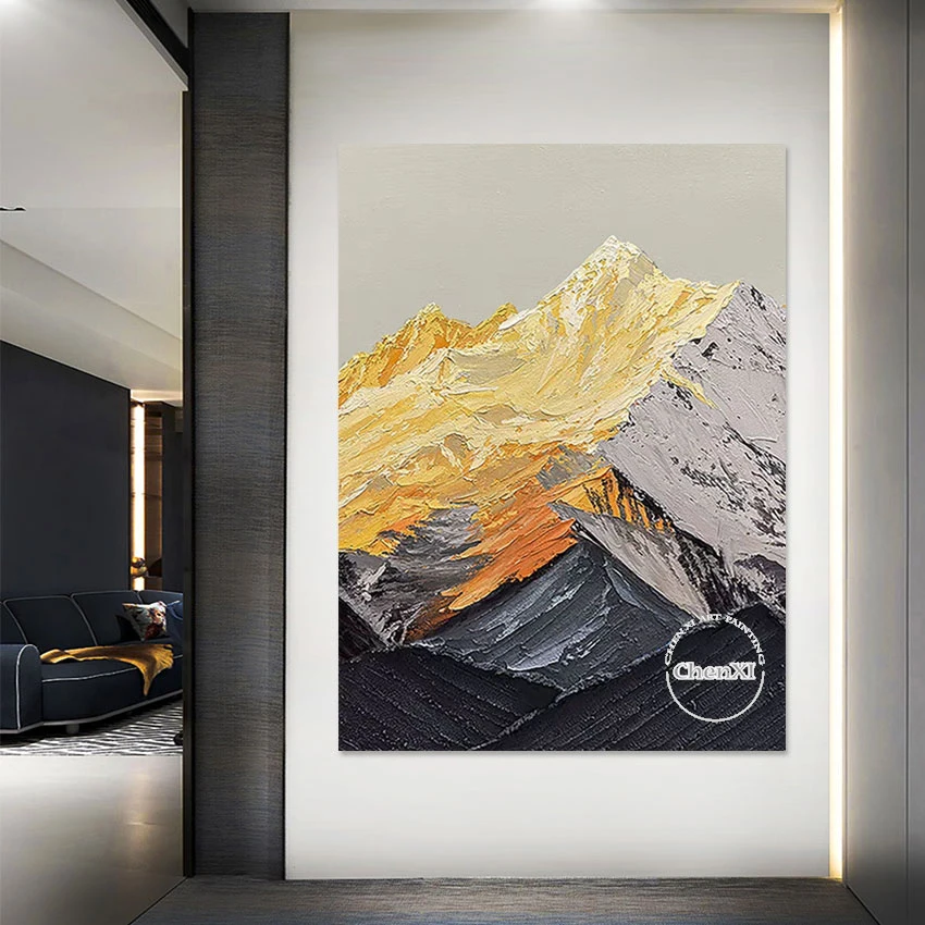 Sunrise Landscape Golden Snowy Mountain Scenery Abstract Hand-painted Unframed Knife Acrylic Painting Set Luxury Large Panel Art