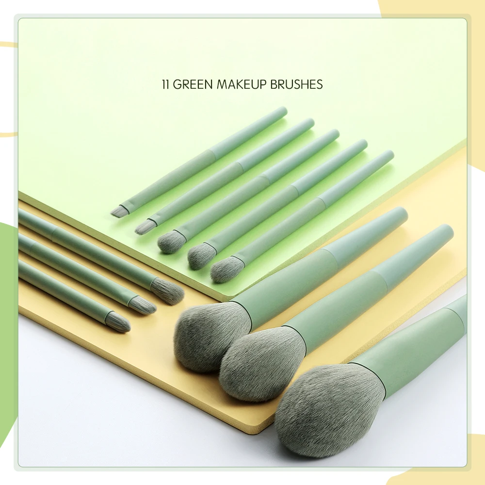 11Pcs Natural Hair Green Makeup Brushes Foundation Powder Eyeshadow Eyebrow Brush Set Cosmetic Tool Profesional Maquillaje