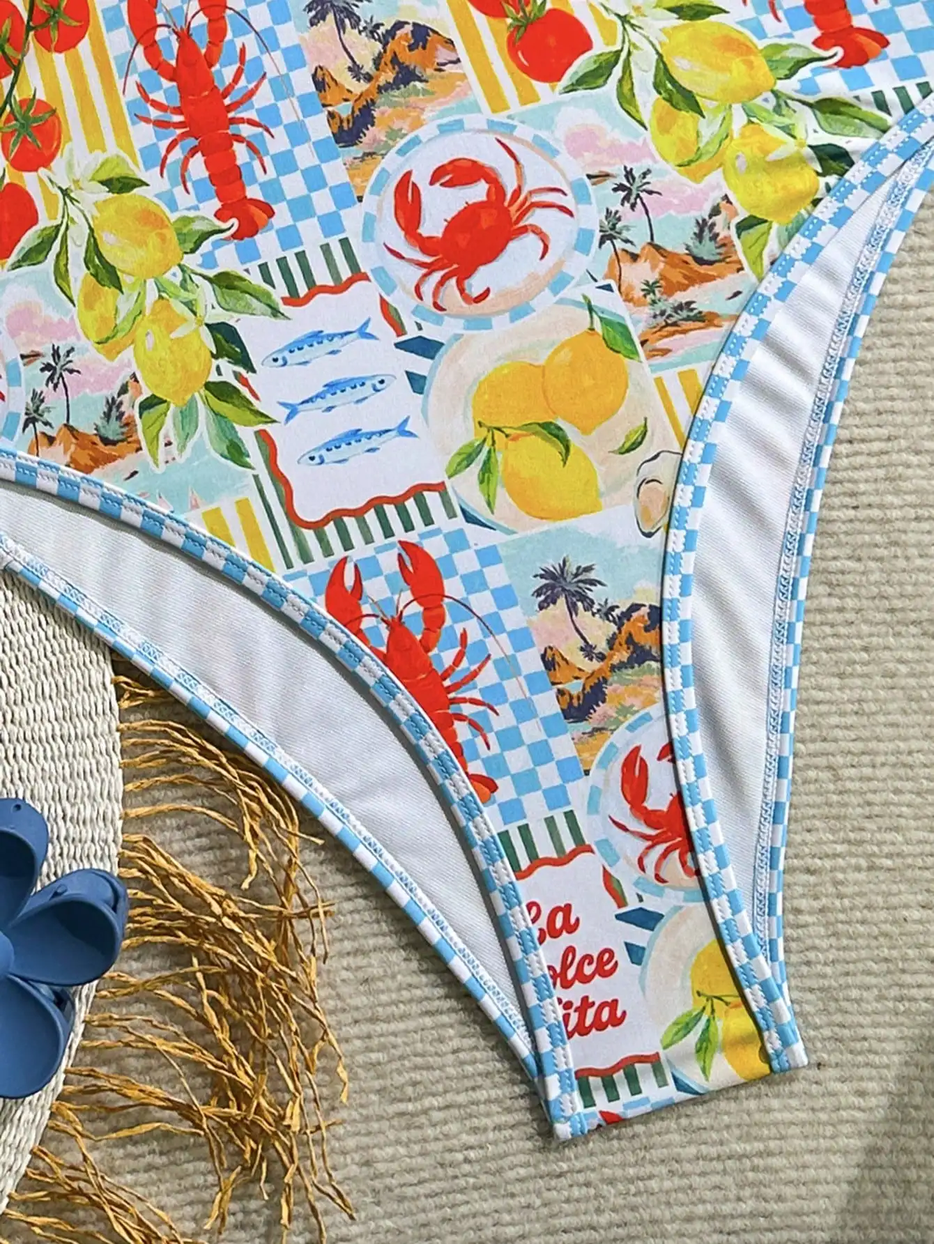 

Women's V-Neck Backless One-Piece Swimsuit With Fruit Lobster Print For Beach Holiday