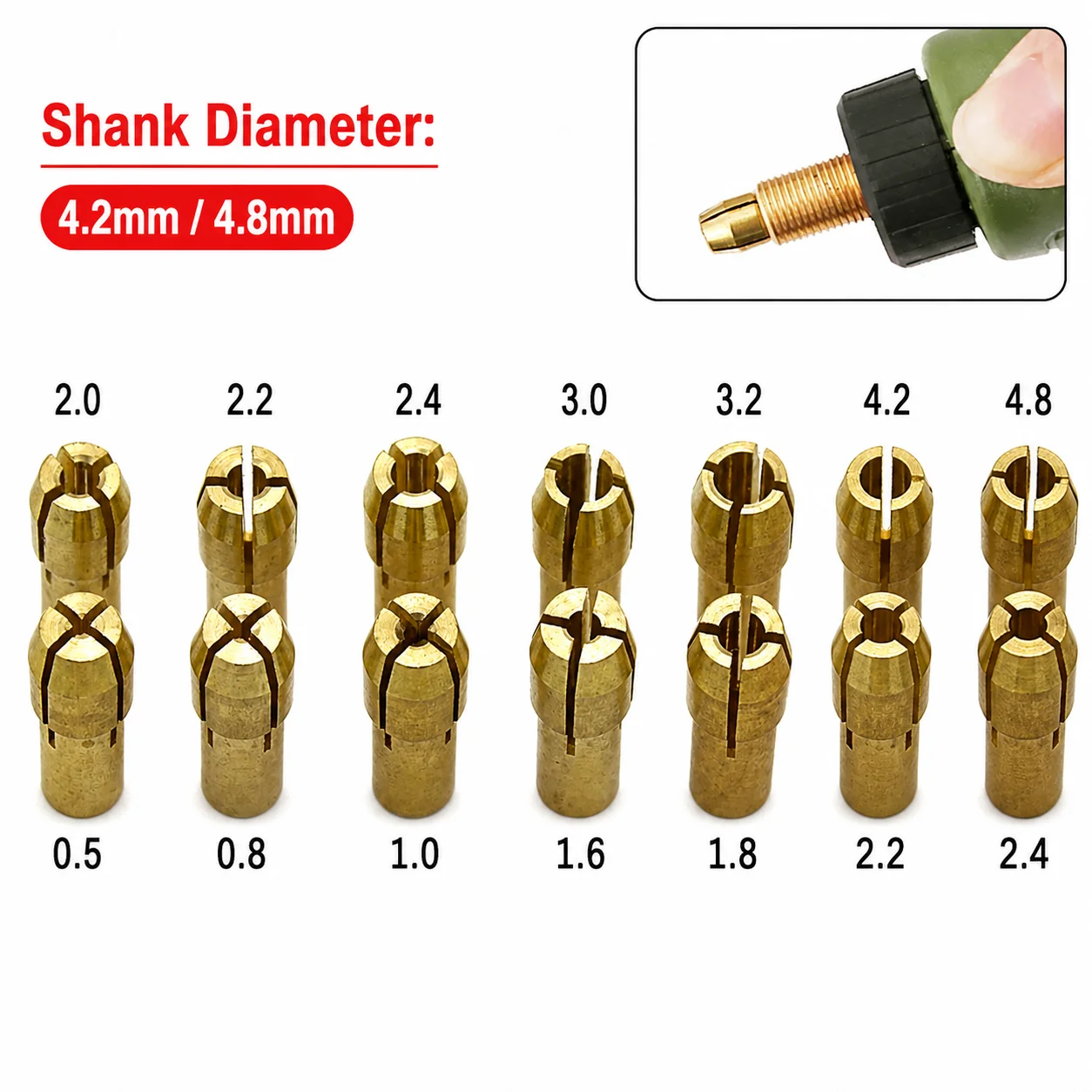 10-teiliges Messing-Spannzangen-Set 0,5-3,2mm 4,2/4,8mm Schaft Dreizackige Bohrzangen für Dremel Rotationswerkzeug