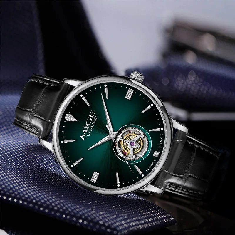 MIGE Thin Mens Open Heart Auto Watch Emerald Green Dial Inlaid Crystal Black Leather Band Luxury Gentleman Mechanical Wrist Watc