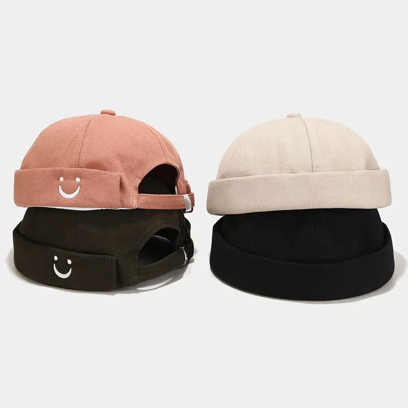 simple smiley face embroidered cotton landlord hat men's and women's trendy brimless melon guppi cap beret trendy hip-hop Beanie
