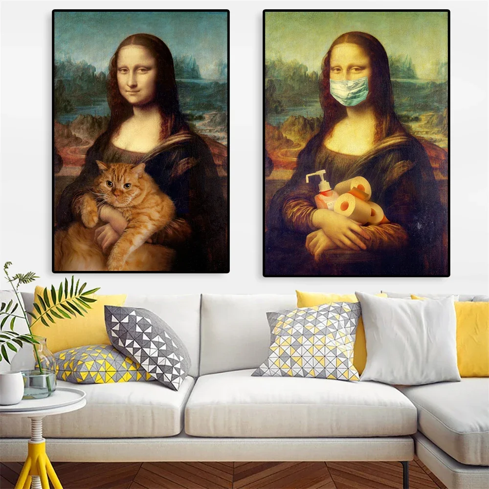 (No frame)Funny Design Famous Art Poster Mona Lisa and Cat Prints Canvas Paintings Vintage Oil Painting Wall Art Bathroom Hom