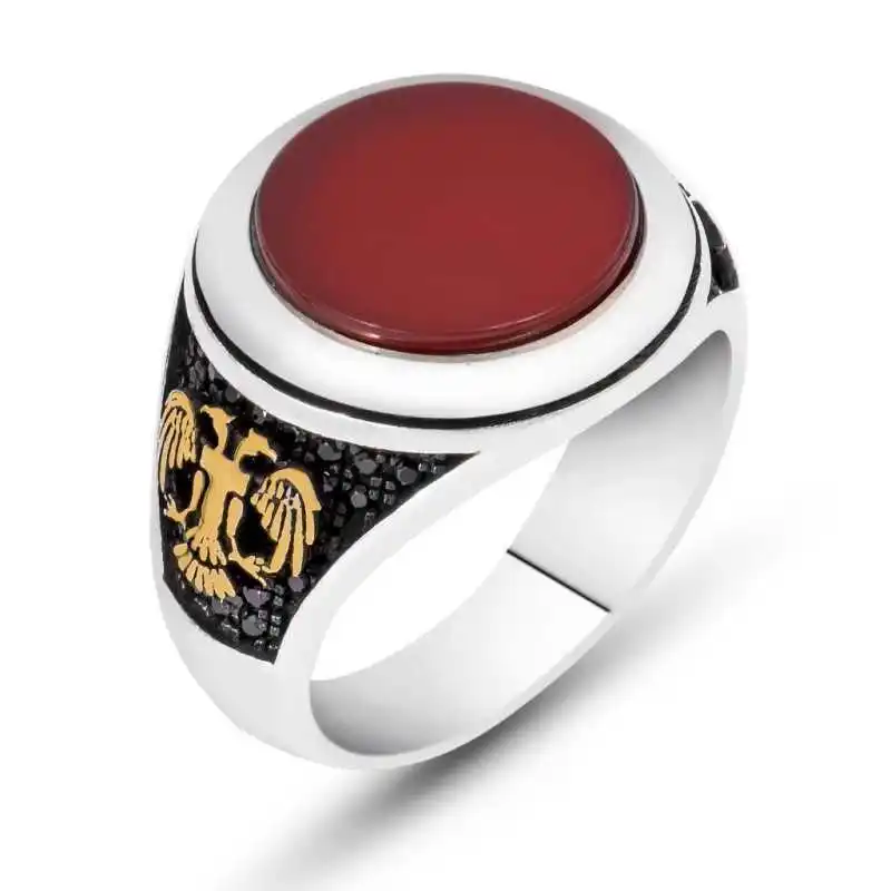 Silver Agate Gemstone Double-Headed Eagle Men 'S Ring