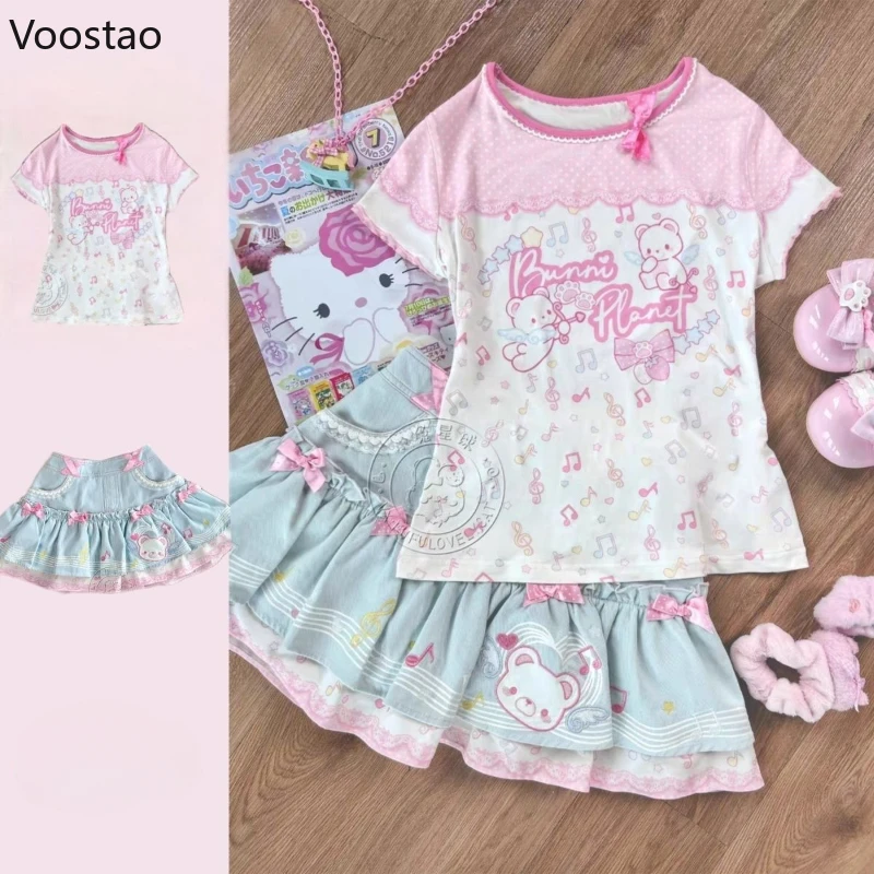 

Японские летние комплекты юбок в стиле каваи в стиле Лолиты, женские футболки с милым мультяшным принтом медведя, топы, юбки с бантом, милый костюм для девочек Y2k