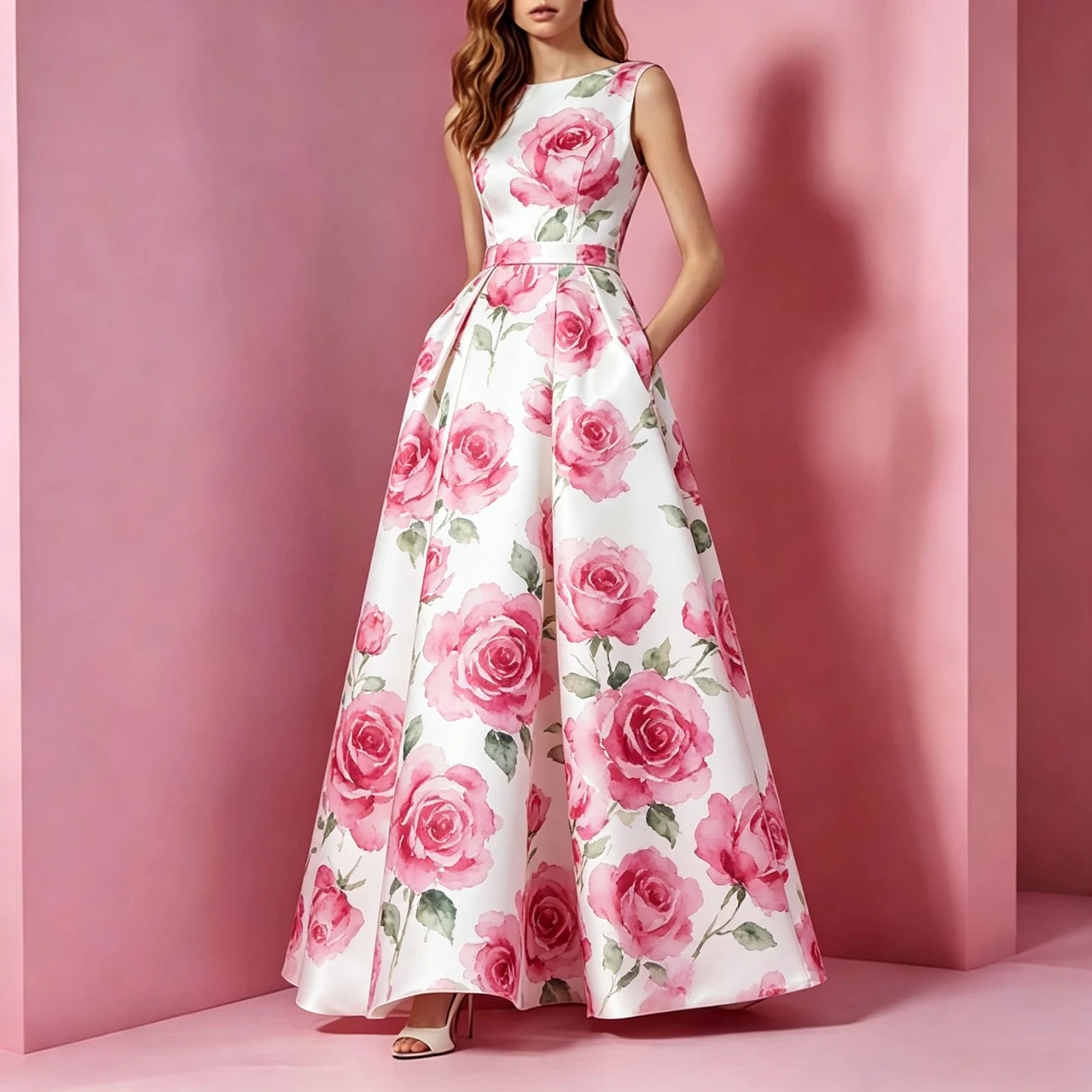 

Flower Print Long Dress Women Elegant Sleeveless O Neck Party Dresses Summer Chic High Waist A Line Long Evening Dress Vestido